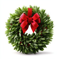 Wreath polished 3D green wreath with red ribbon, isolated