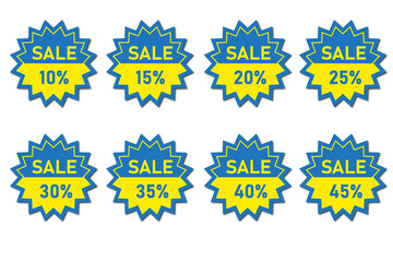 Description

Collection of colorful sale discount badges featuring percentage offers from 10% to 45%. Bright red and yellow starburst labels isolated on a black background, ideal for retail promotions