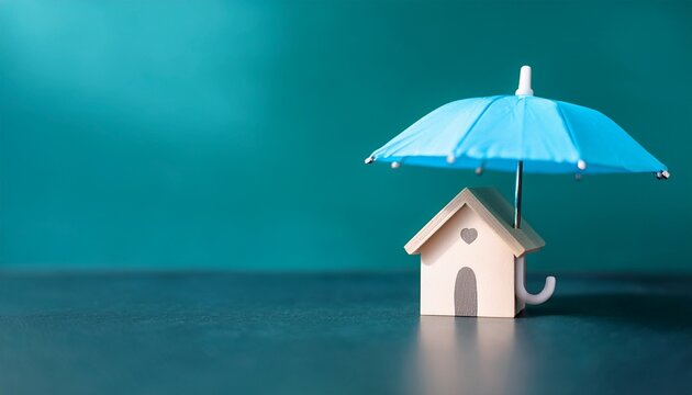 cyan house under umbrella against teal blue minimalist banner image safety and home insurance photo realistic background blurred property coverage concept photography copy space