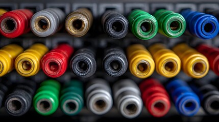 Close up of colorful organized electrical connectors arranged in rows