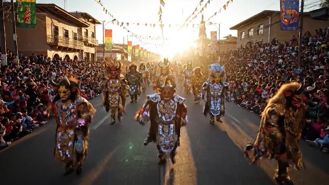 Diablada dancers perform in colorful costumes during the Oruro Carnival in Bolivia.