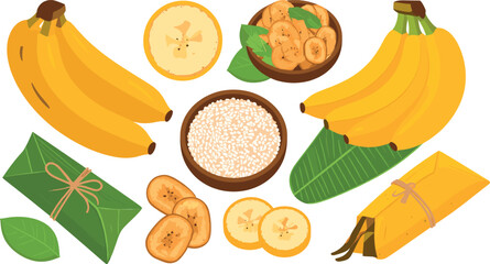 Banana food illustration set featuring fresh banana bunches, sliced bananas, banana leaf wraps, and traditional banana-based dishes in colorful vector style