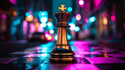 Futuristic chess concept. A vibrant chess piece stands out against a colorful urban backdrop, illuminated by neon lights, creating a dynamic and captivating scene.