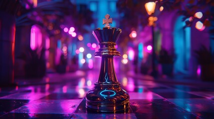 Futuristic chess concept. A shiny chess piece stands in a vibrant, illuminated setting with neon colors reflecting off the wet floor.