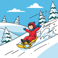 Child joyfully sledding down a snowy winter hill with pine trees illustration for seasonal fun and play