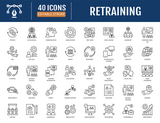 Retraining icon set. Includes process, learning,
skill, training, soft skill, motivation, internship
and more. Vector illustration with editable
strokes