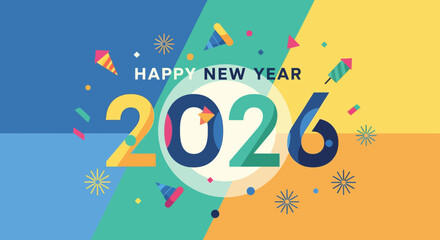 Festive 2026 New Year Illustration with Confetti and Rockets