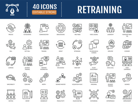 Retraining icon set. Includes process, learning,
skill, training, soft skill, motivation, internship
and more. Vector illustration with editable
strokes