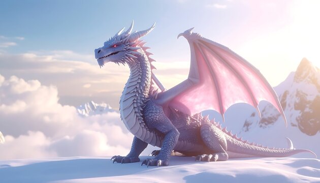 A majestic, icy dragon perches atop a snowy peak, wings spread against a bright sky, overlooking a cloud-filled landscape