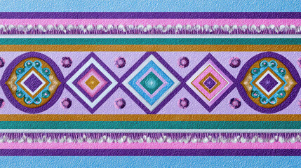 Colorful geometric pattern border background with purple, blue, and pink diamond shapes. vibrant ethnic design illustration perfect for fabric or traditional textile print