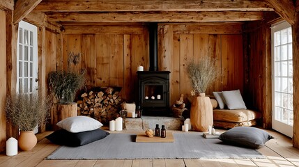 Fototapeta premium Cozy interior with wood walls and fireplace featuring candles and natural decor in winter season