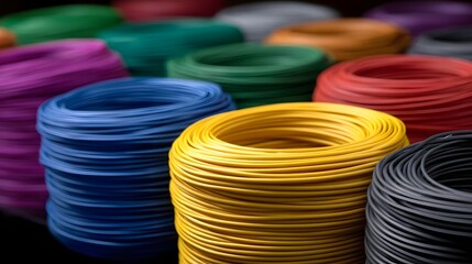 A vibrant collection of color coded electrical wires neatly coiled in spools showcasing variety and industrial material