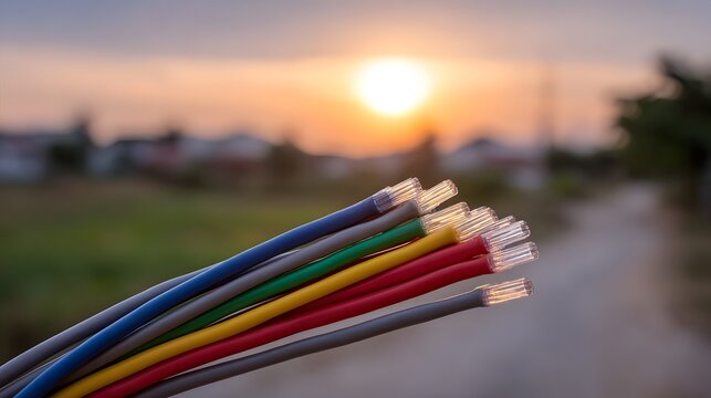 Bundle of colorful fiber optic cables with clear connectors against a warm sunset sky