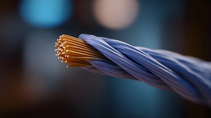 Close up of bundled fiber optic cables with exposed golden wires and blue insulation suggesting technology and connectivity