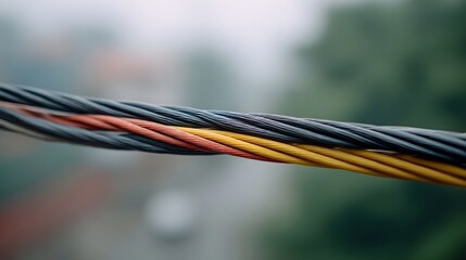 Close up of thick twisted cables featuring color coded orange yellow and gray strands