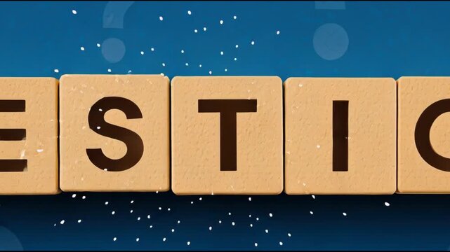 Question inquiry curiosity uncertainty communication Wooden letter tile arranged to spell QUESTIONS on blue background with question mark pattern conveying inquisitive mood