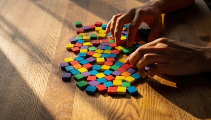 Fototapeta premium A person arranging colorful tiles on a wooden surface, with sunlight illuminating the scene, creating a playful and creative atmosphere.