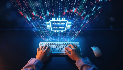 Trader typing on keyboard with AI algorithm trading hologram for financial stock market analysis and digital investment strategy in futuristic technology network system