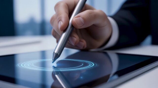 Businessman hand signing digital contract on tablet with secure lock hologram, electronic signature authentication technology concept and legal business document encryption verification.