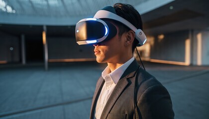 A person wearing a virtual reality headset stands in a modern environment, showcasing the intersection of technology and lifestyle.