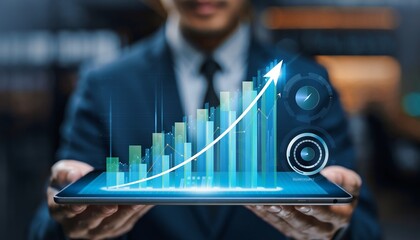 Businessman holding tablet with holographic financial growth chart, digital data analysis technology concept and corporate business performance dashboard in modern office background.