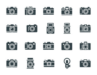 Large collection of dark silhouette photo camera icons vector illustration set for photography equipment and vintage devices.