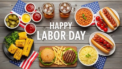 Happy Labor Day Barbecue Picnic Spread with Classic American Food