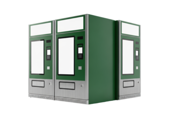 Three empty modular vending machines, deep emerald green enamel and brushed aluminum, hyper-realistic product shot on transparent background, concept of automated retail technology.