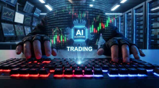 Trader typing on keyboard with AI algorithm trading hologram for financial stock market analysis and digital investment strategy in futuristic technology network system - Powered by Adobe