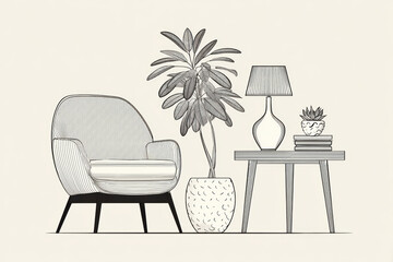 Cozy minimalist interior design illustration with an armchair, furniture, and home decor. calm and relaxing drawing of plant in room perfect for lifestyle concept