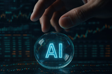 Artificial intelligence AI technology finance hand to hover over fragile glass bubble with glowing AI letters above trading chart evoking tense innovation