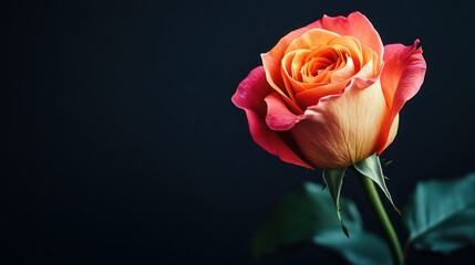 Fototapeta premium A vibrant rose displays a gradient of colors, transitioning from a warm orange center to delicate pink edges, set against a dark, moody background, showcasing its intricate petals and stem