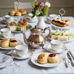 Elegant silver tea service presents a lavish spread of baked goods and finger sandwiches upon a white linen tablecloth