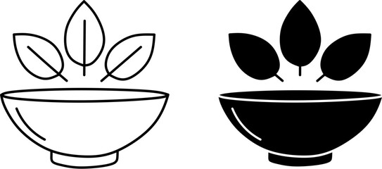 Bowl green leaves minimal healty food icon. Black outline solid illustration