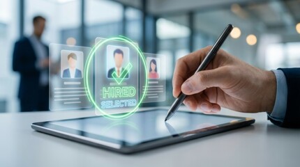 HR manager selecting candidate profile with hired hologram on digital tablet for human resource recruitment process and talent job selection in corporate office