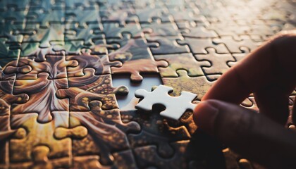 A hand places a puzzle piece into a nearly completed puzzle, showcasing vibrant imagery and intricate details.