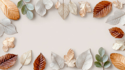 Peaceful autumn leaf frame flat lay background with brown, beige, and grey ceramic decoration. calm, natural foliage border providing ample copy space for text
