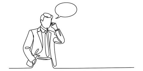 Minimalist single line art illustration of a professional man communicating via phone with a speech bubble Vector, illustration