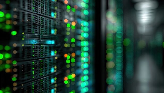 Server room with glowing lights and blurred corridor, depth of field - Powered by Adobe