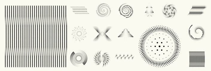 Linear, circular halftone dots circles set,  dotted ring and spiral circle shapes for modern design, technology, or motion graphic backgrounds. Dotted round elements, radial spirals, and vortex.