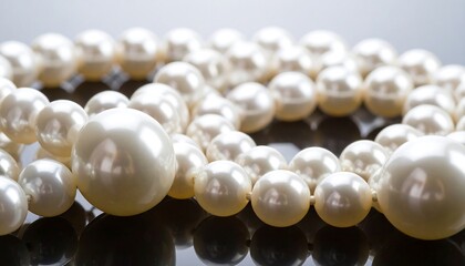 Close-up of a lustrous pearl necklace, showcasing the delicate iridescence of each spherical bead and their elegant arrangement