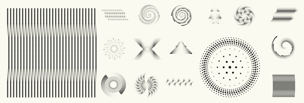 Linear, circular halftone dots circles set,  dotted ring and spiral circle shapes for modern design, technology, or motion graphic backgrounds. Dotted round elements, radial spirals, and vortex.