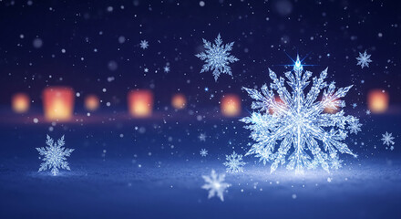 Image of crystalline snowflake on snow against night blue sky with blurred light, representing winter, coldness, holiday season and festive mood