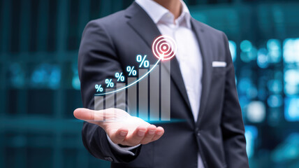Businessman presenting growing statistics in modern office setting