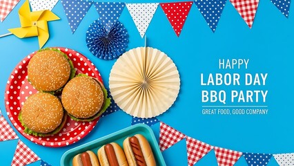 Festive Labor Day BBQ Party Flat Lay with Hamburgers and Hot Dogs