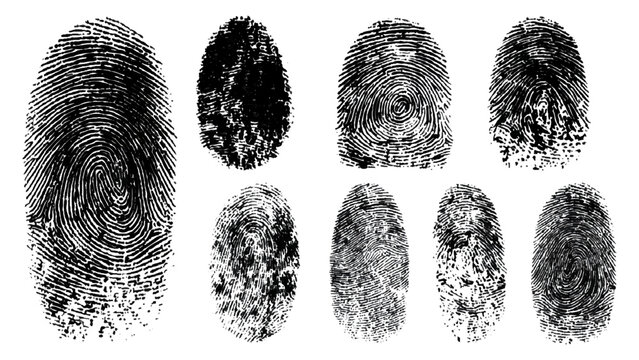 Abstract grunge fingerprint handprint background set with dirty ink paint texture. black and white human identity forensic security concept vector illustration.