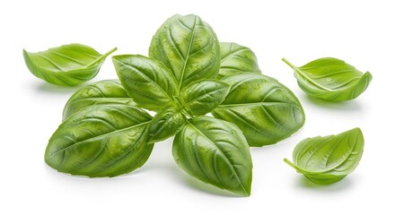 Fototapeta premium Several fresh green herb leaves cluster together on a clean white surface