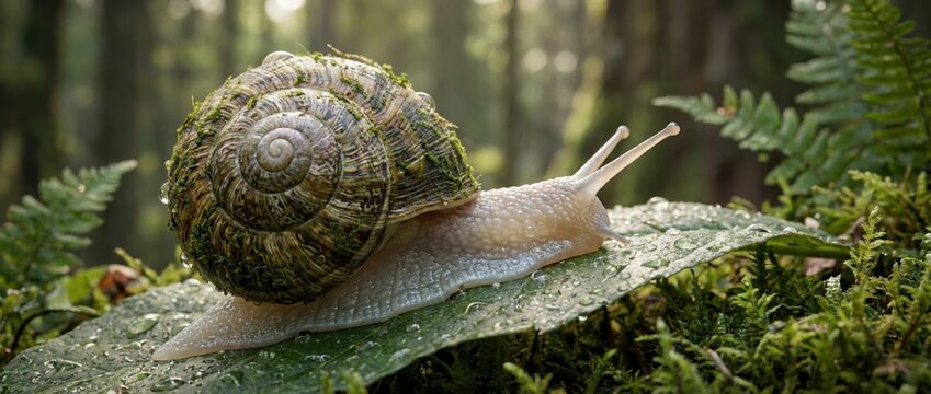 A close-up of a snail resting on a leaf in a lush, green forest, showcasing its textured shell and the surrounding natural environment.