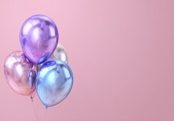 A cluster of shiny, metallic balloons in various colors against a pink backdrop