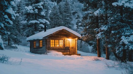 A cozy wooden cabin glows warmly in the snow-covered winter landscape.